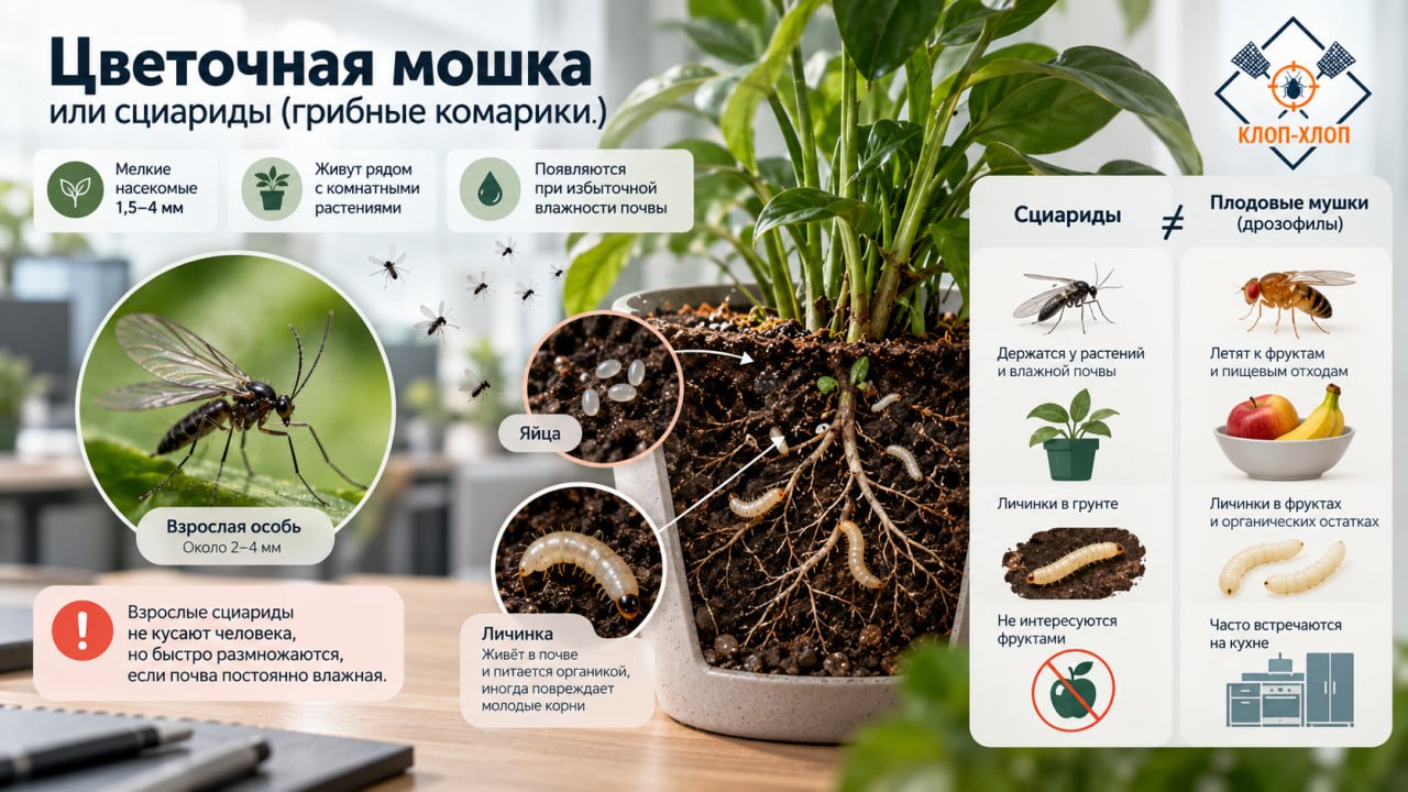 Что такое цветочная мошка и почему её называют сциаридами или грибными комариками?
